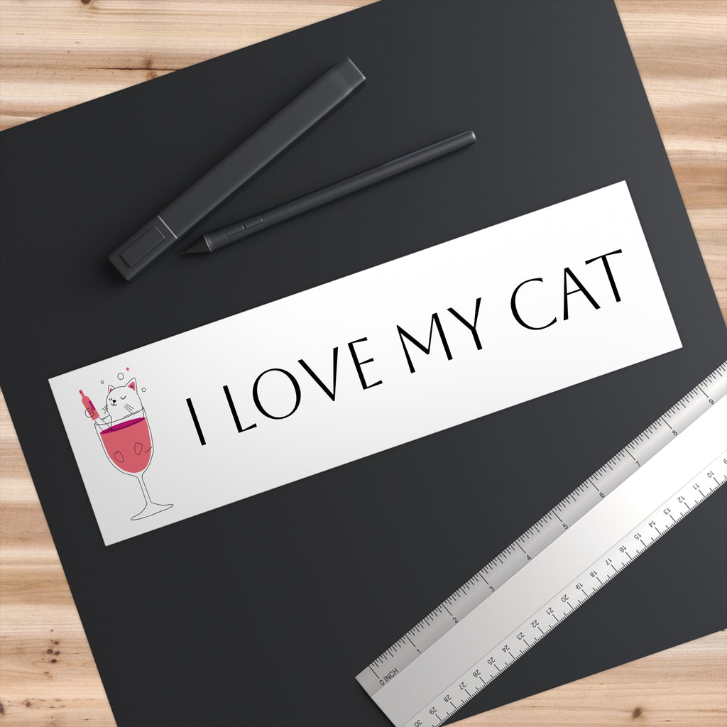 I Love My Cat Bumper Sticker — Cute Wine Glass Cat Design