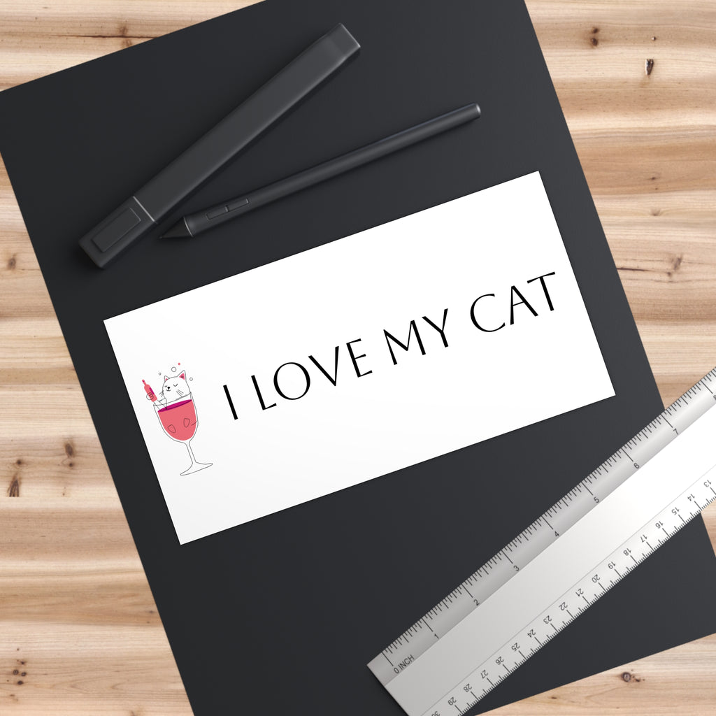 I Love My Cat Bumper Sticker — Cute Wine Glass Cat Design