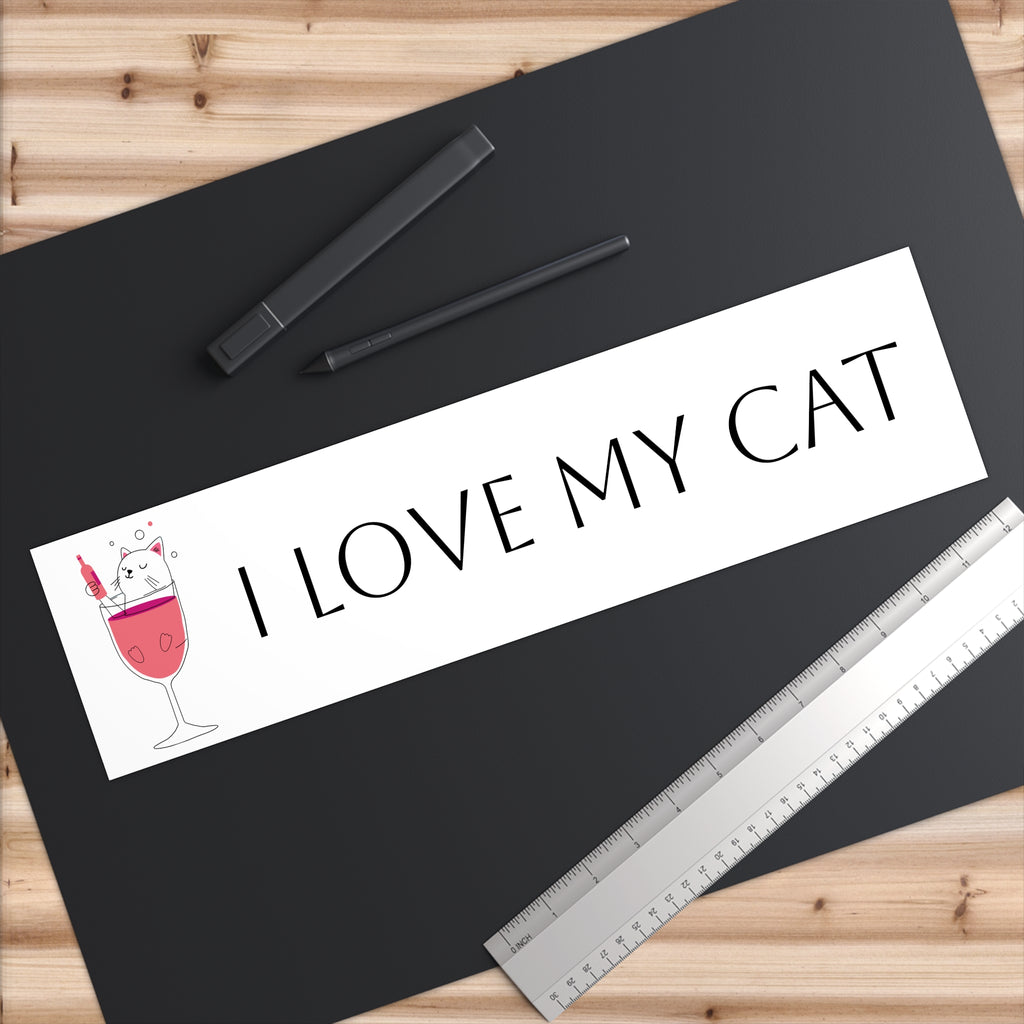 I Love My Cat Bumper Sticker — Cute Wine Glass Cat Design